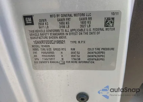 2012 GMC Acadia Denali из США, поврежденный, VIN 1GKKRTED2CJ198921